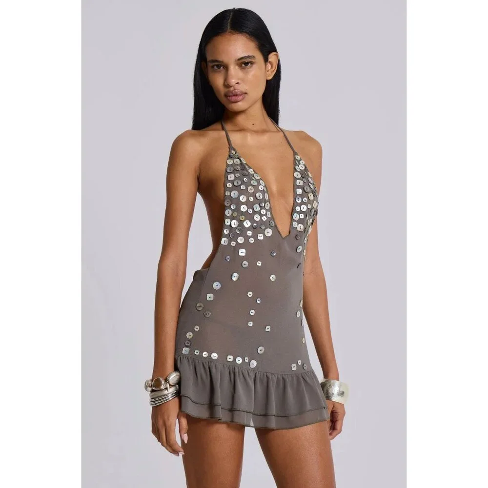 Jaded London Layered Mini Dress in Grey New Womens Sheer Halter - Picture 14 of 17